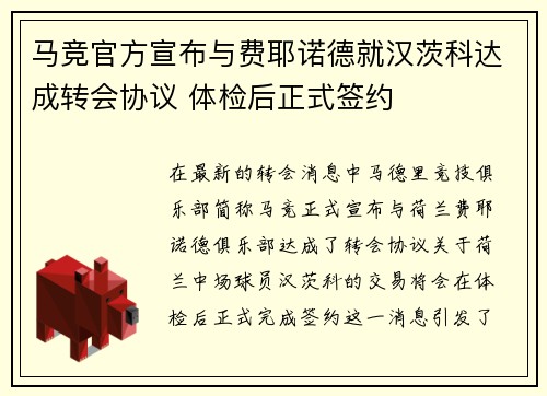 马竞官方宣布与费耶诺德就汉茨科达成转会协议 体检后正式签约