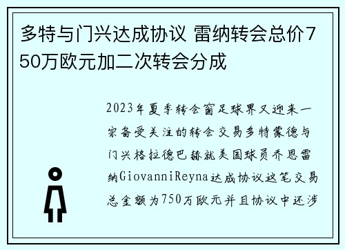 多特与门兴达成协议 雷纳转会总价750万欧元加二次转会分成