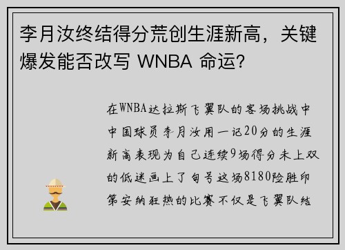 李月汝终结得分荒创生涯新高，关键爆发能否改写 WNBA 命运？